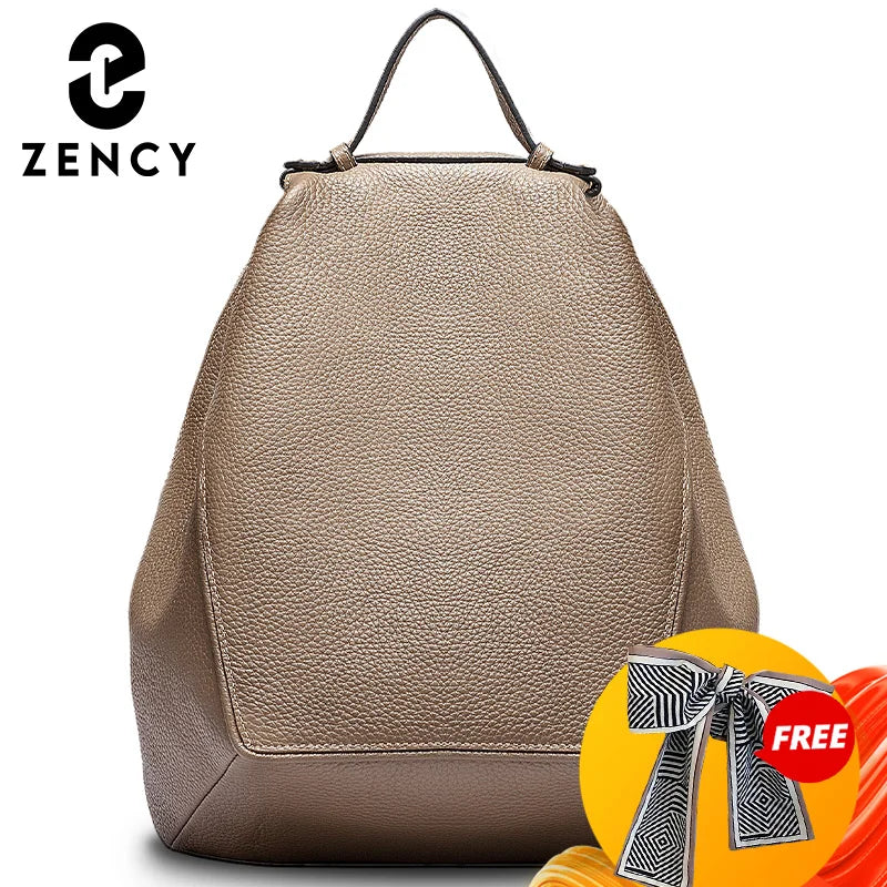 Zency Women Stylish Classic Backpack Khaki Genuine Leather Knapsack Satchel Purse Roomy with Pockets Fit A4 Ipad 9.7'' Rucksack  bag