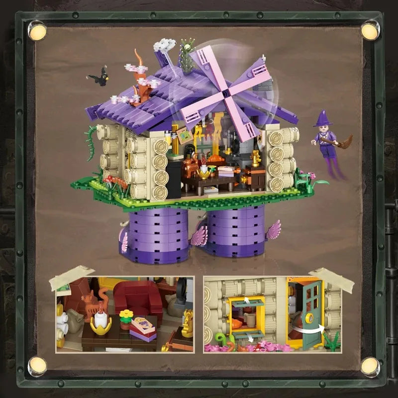 Witch Flying Log Cabin Building Blocks Magic Wooden House Model Ornaments Children’s Educational Assembled Toys Halloween Gifts