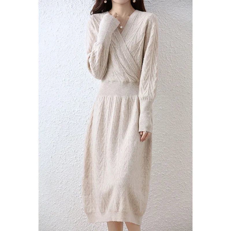 Elegant Fashion Cashmere Sweater Women Dresses 100% Merino Wool V-Neck Long-Sleeve Thick Knitted Dress Winter Long A-Line Skirts