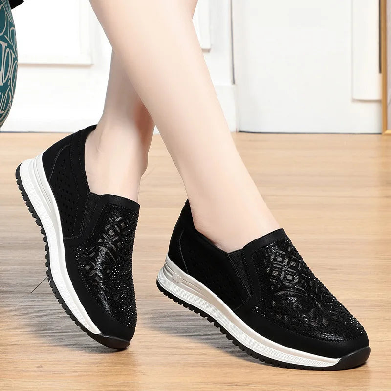 Manufacturer   Spring Autumn Soft Leather Soft Sole Comfortable Low Heel Shoes Round Toe Breathable Casual Slip-on Hollow Mother Sneaker    Sneakers