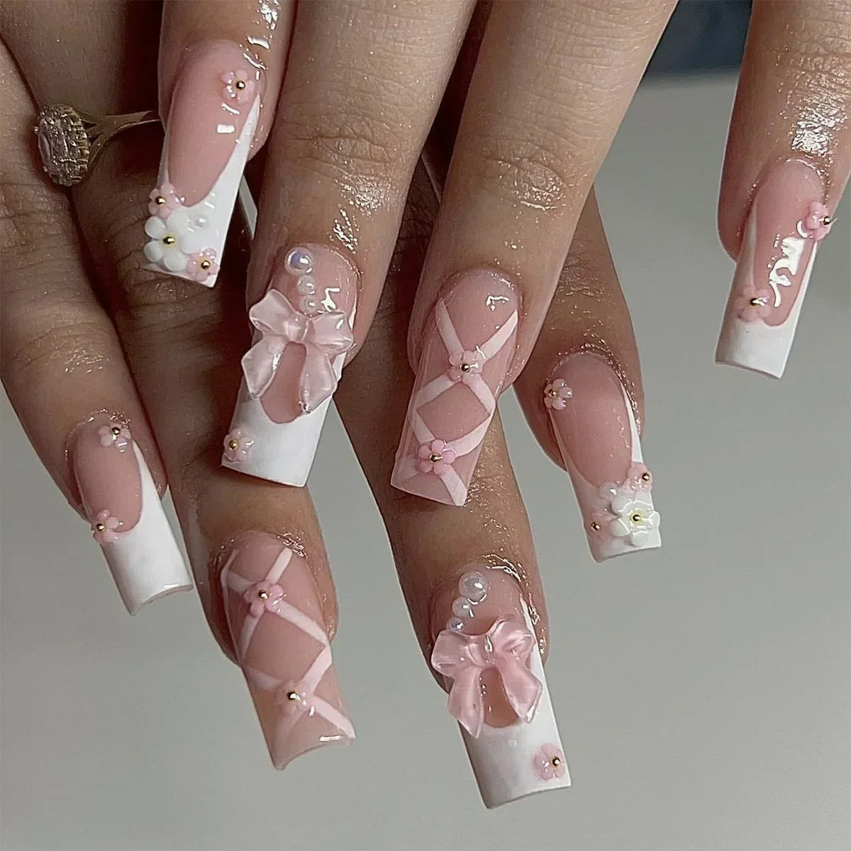 24Pcs Ballet Square Pink Press on Bow Nails 3D Flower with Bandage Design French Nail Tips for Women&Girls Daily,Spring wear