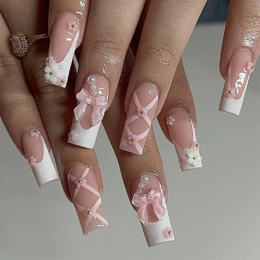 24Pcs Ballet Square Pink Press on Bow Nails 3D Flower with Bandage Design French Nail Tips for Women&Girls Daily,Spring wear