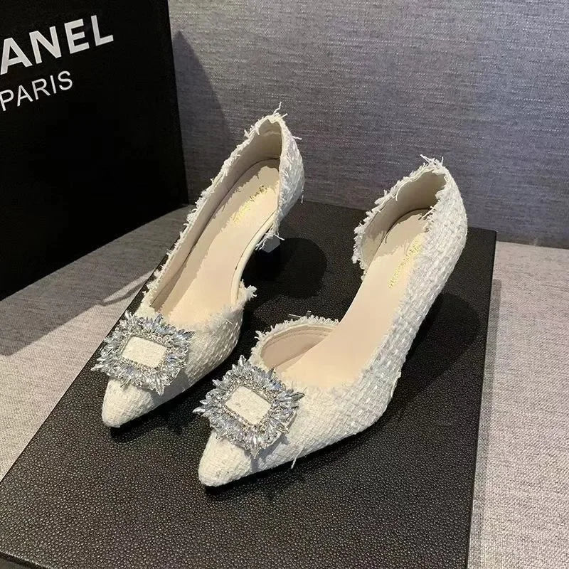 Manufacturer   Summer  French Design Pointed Toe High Heels Crystal Embellished Slim Stiletto Women's Single Shoes Elegant Minimalist Footw   Pumps