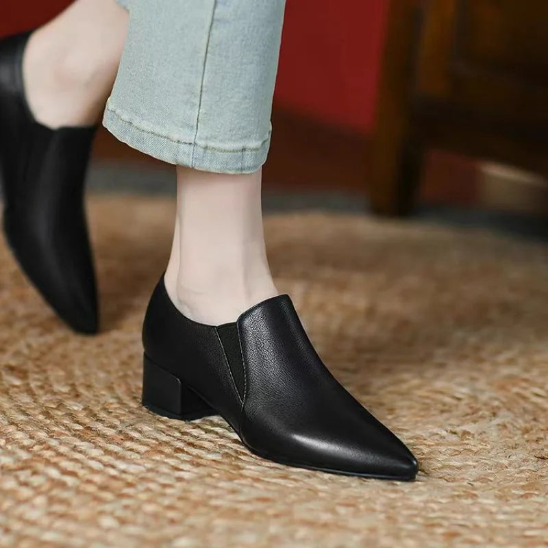 Manufacturer  New Women's British Style Leather Shoes - Retro Chunky Heel Pointed-Toe Pumps, Low-Cut Dress Shoes for Office & Daily Wear   Pumps