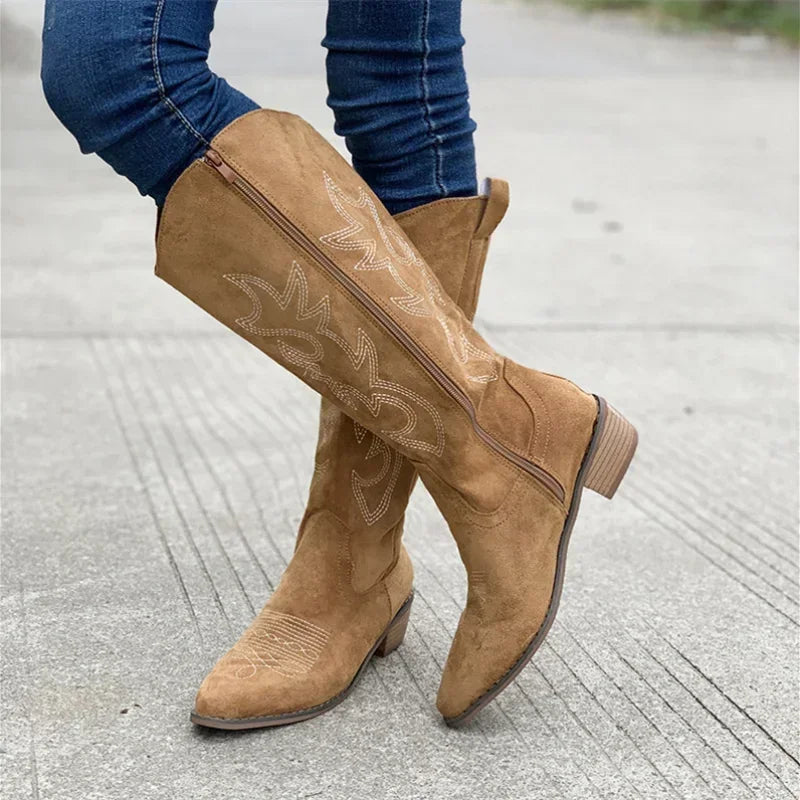 Manufacturer   Embroidered Western Cowboy Boots for Women Autumn Pointed Toe Thick Heel High Knee Boots Woman Loose PU Leather Long Botas Mujer   boots