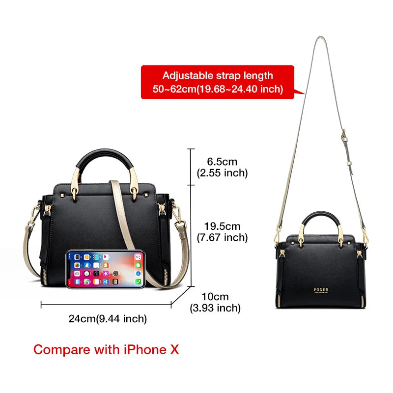 FOXER Elegant Women Top-Handle Bag  Fashion Split Leather Signature Crossbody Bag Female Large Shoulder Tote Bag Purse