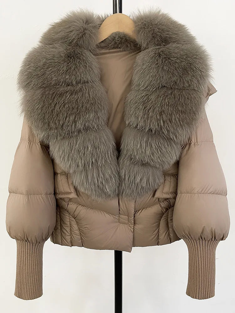 ZMEENNA Women's Black Puffer Down Jacket With Large Real Fur Collar Short Warm Winter Coat Knit Cuffs Elegant Outerwear