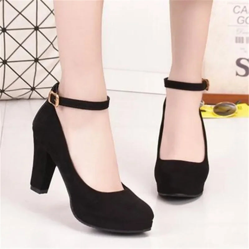 Manufacturer   Spring Women Pumps Flock Sweet Thick High Heels Ankle Strap Female Platform Classic Round Toe Dress Cute Shoes Ladies Footwear   Pumps