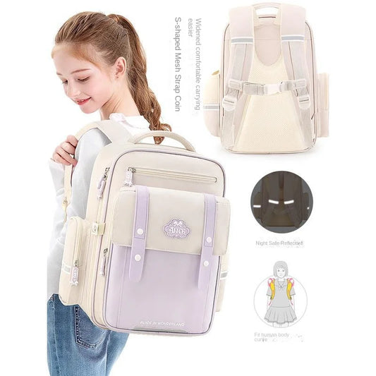 Disney New Girl School Bag Alice Grade 1-4 Primary Student Shoulder Orthopedic Backpack Large Capacity Light Kids Gifts Mochilas
