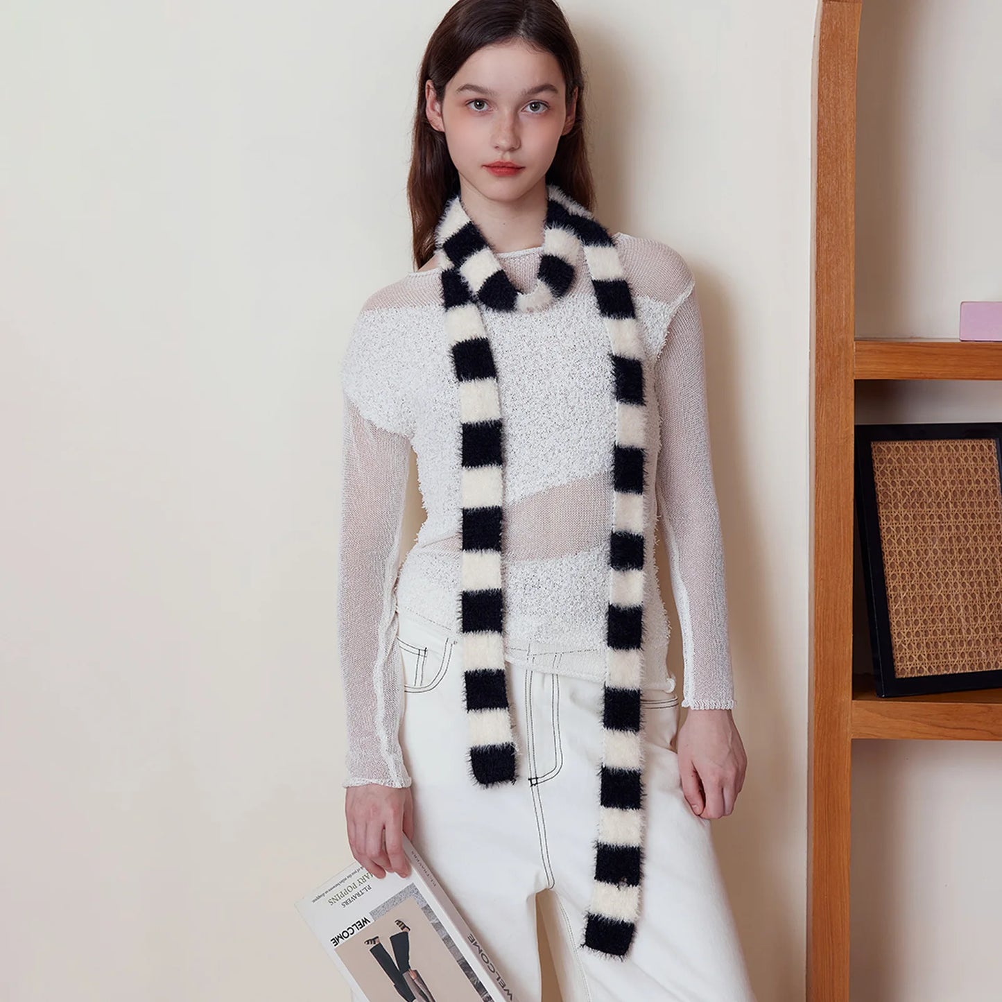 4.5cm*195cm Small Narrow Striped Scarf Y2K Style Women Knit Long Fluffy Scarf Black white Stripes