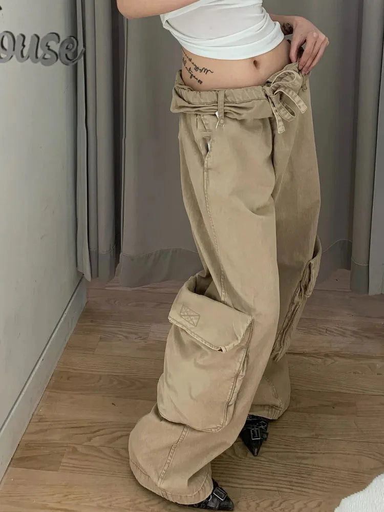 new vintage wash to do old drawstring roll-edge multi-pocket cargo pants lazy casual loose mopping pants