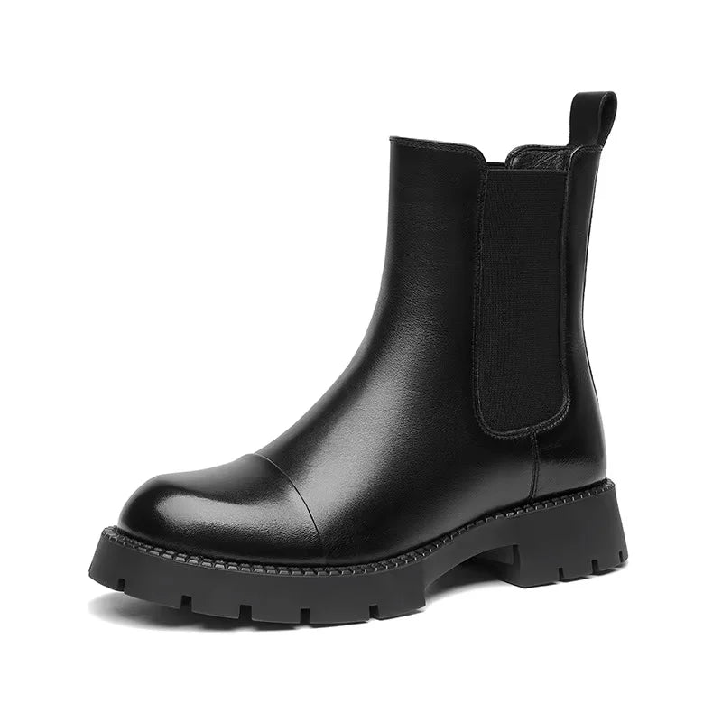 Manufacturer   Boots Platform Women Cow Leather Chelsea Boots Round Toe Elastic Band Thick Sole Ladies Shoes Handmade    boots