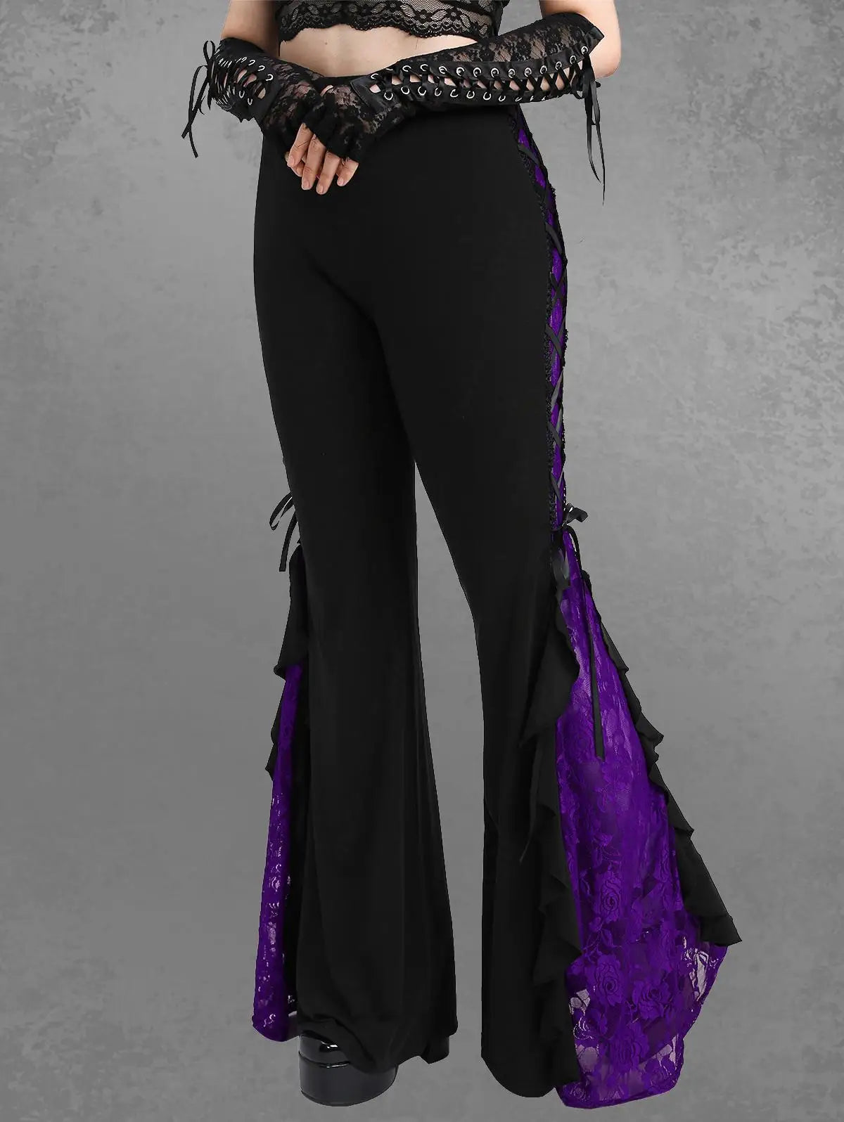 ROSEGAL Plus Size Gothic Lace Panel Lace-up Ruffle Flare Pant Women Streetwear Elastic Waist Pull On Pant Colorblock Bell Bottom