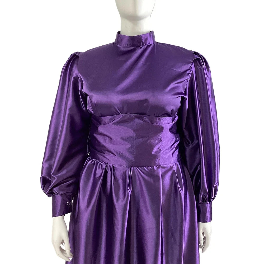 Plus Size Satin Evening Dress Elegant Drape High Neck Long Sleeve Dress Ladies Party Belted Long Gown Women A-Line Prom Dress