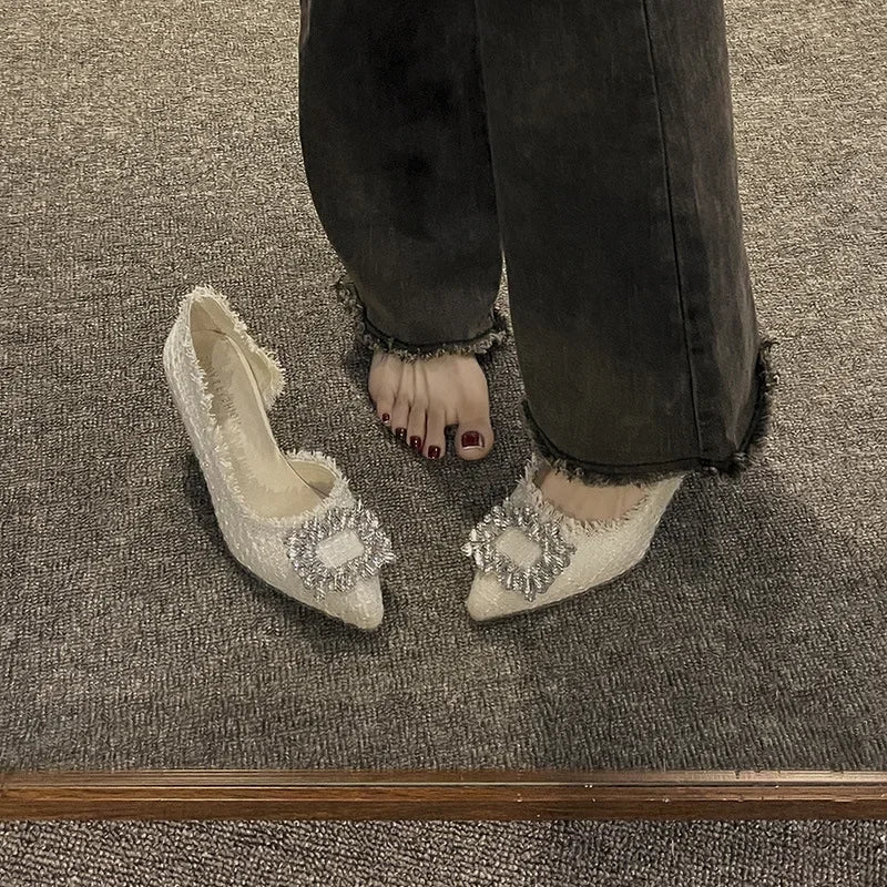 Manufacturer   Summer  French Design Pointed Toe High Heels Crystal Embellished Slim Stiletto Women's Single Shoes Elegant Minimalist Footw   Pumps