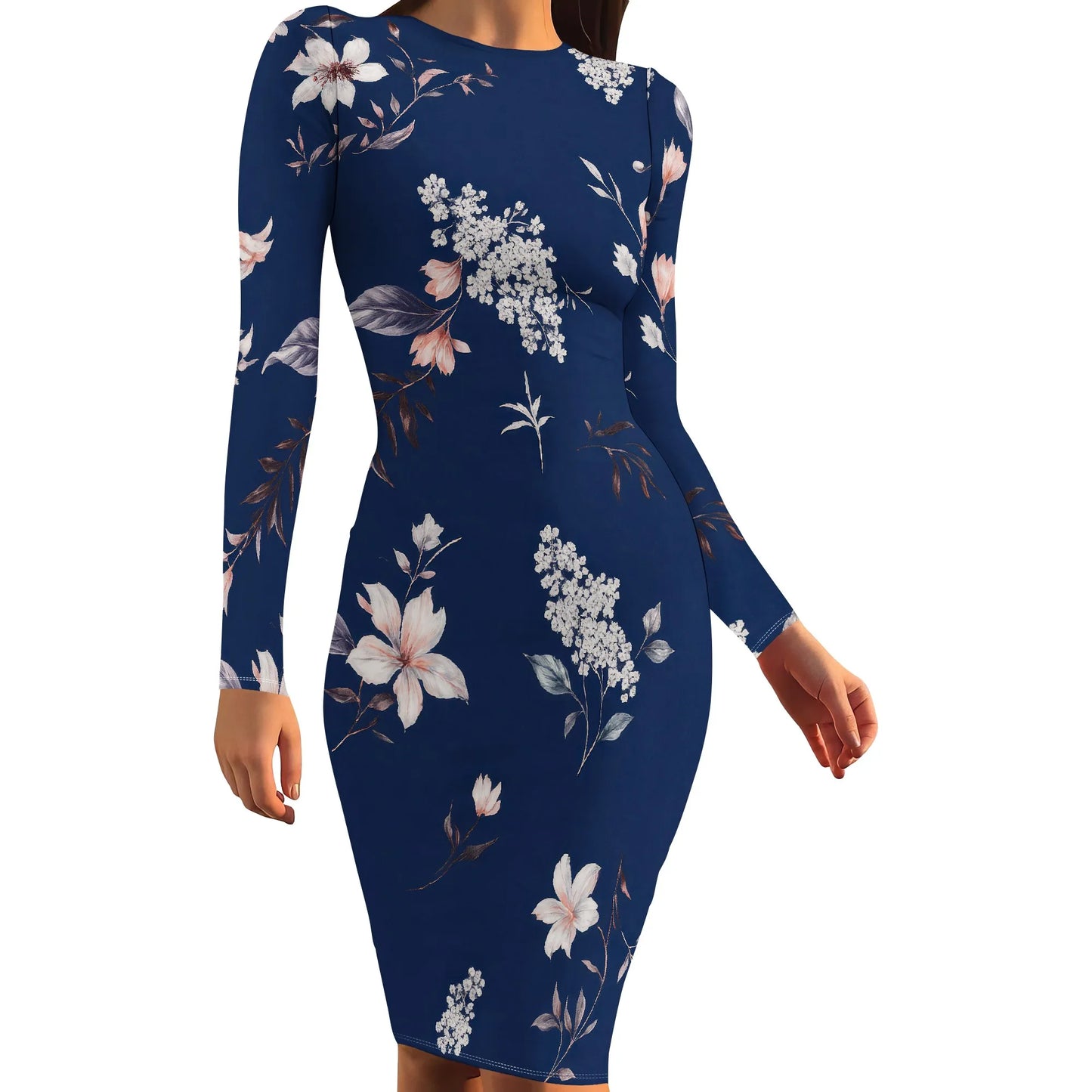Womens Autumn Dresses Long Sleeve Basic Pencil Smocked Elastic Waist Casual A-Line Sexy Bodycon Mini Dress