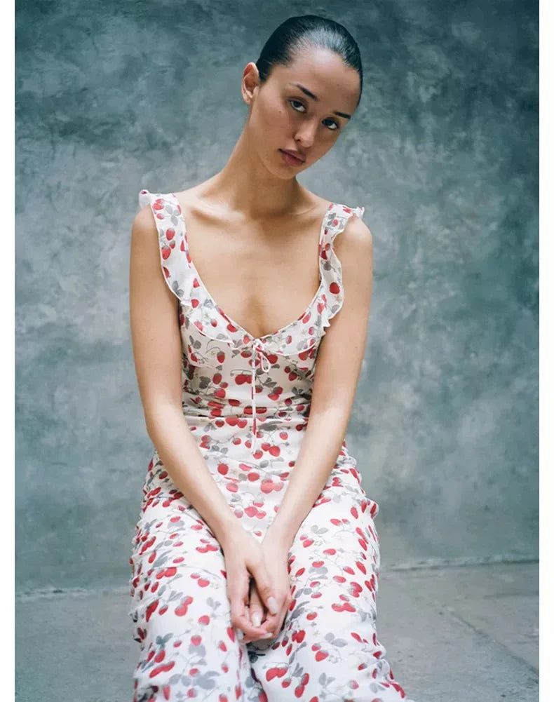 New 100% Silk Women V-Neck Ruffles Sleeveless Slim Fit Strawberry Printed Long Dress