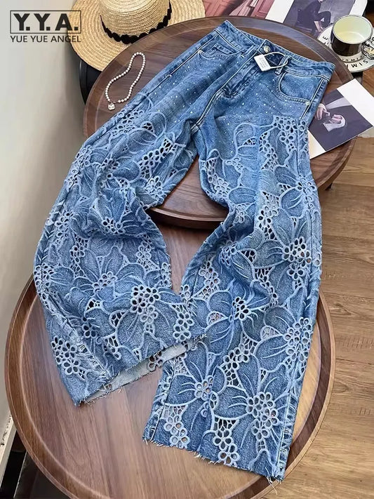 Summer Women Lace Floral Embroidery Wide Leg Denim Pant Spliced Loose Fit High Waist Hollow Out Jeans Streetwear Long Trousers