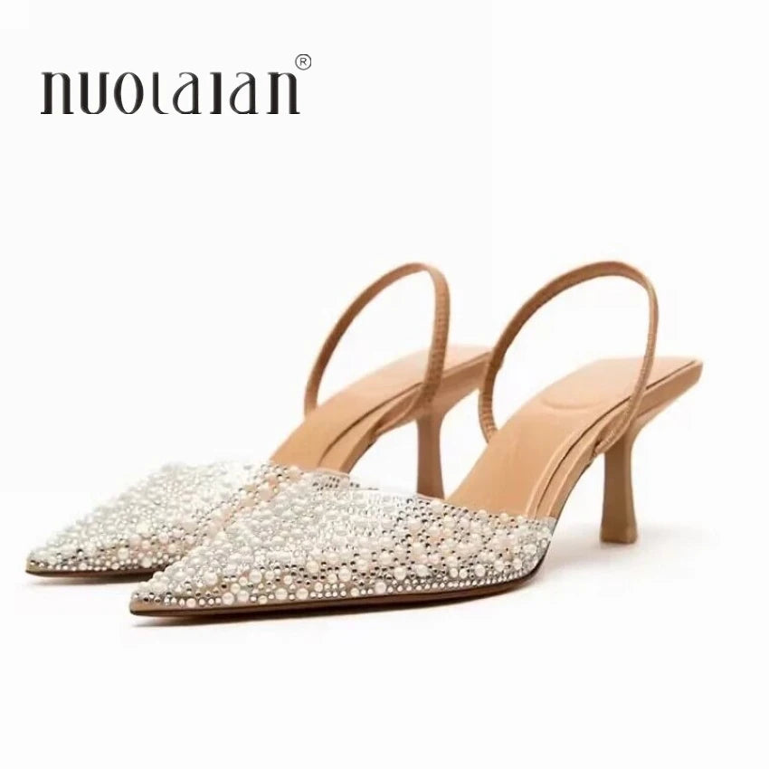 Manufacturer   Fashion Summer Women High Heels Pearl Decoration Slingback Woman Pumps Pointed Toe High Heels Sandals Elegant Woman Shoes   Pumps