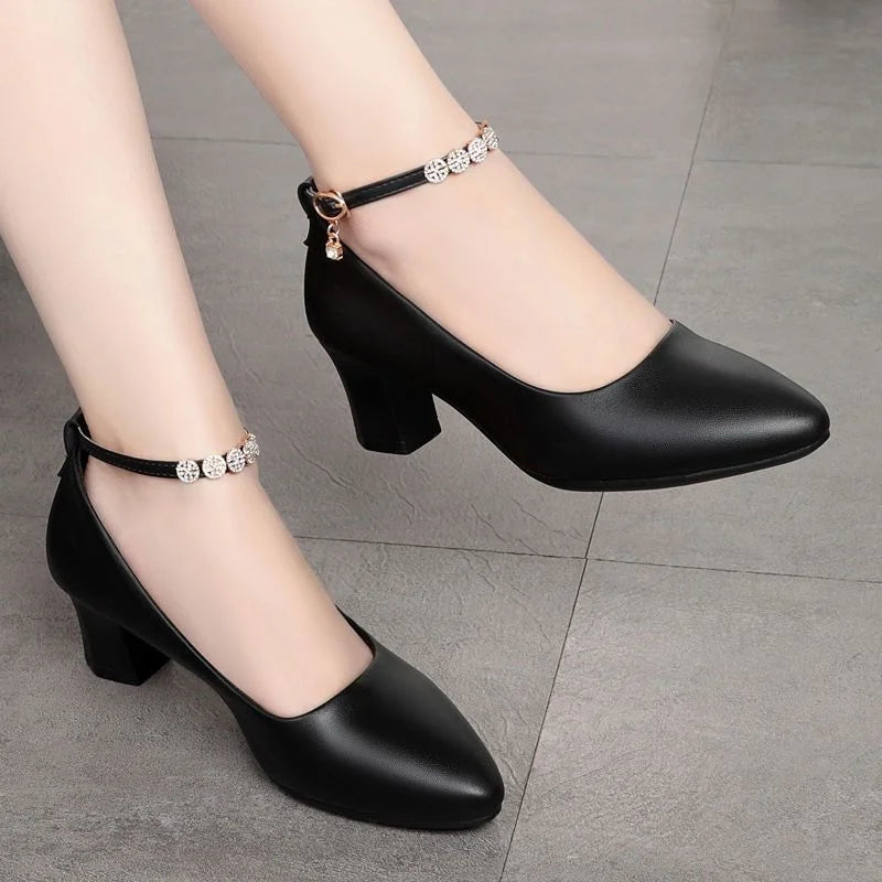 Manufacturer   Women Classic Black Soft Patent Leather High Quality Square Heel Shoes Lady Casual Office Comfort Spring Summer Buckle Heels A04   Pumps