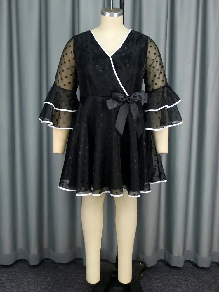 Summer Dress Dot V Neck Bell Sleeve A Line  Plus Size Polka  Outfits for Women Casual Loose Fit Elegant Beach Holiday Dress