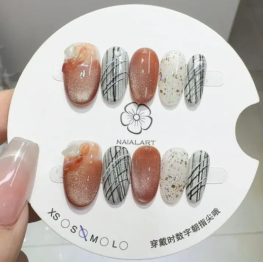 10PCS Brown Cat Eye Handmade Short Oval False Nail Graffiti Black Lines French Press on Nail Glitter Acrylic Detachable Gel Nail