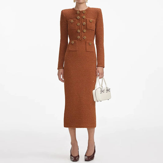 Three Colors Of High-quality Autumn New Style Fashionable Stretch Knit Round Neck Big Button Long Sleeved Slim Fit Women's Dress