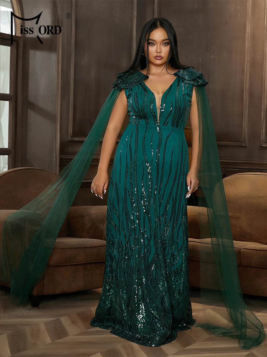 Missord Plus Size V Neck Sequin Mesh Floor Length Evening Dress 4XL Festival Banquet Party Big Size Drees