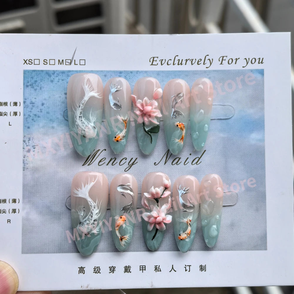 10 Pcs Floral & Fish Long Almond Press On Nails Hand Carved 3D Art Reusable Gel Tips Spring Fake Nails for 2025 Trendy Manicure