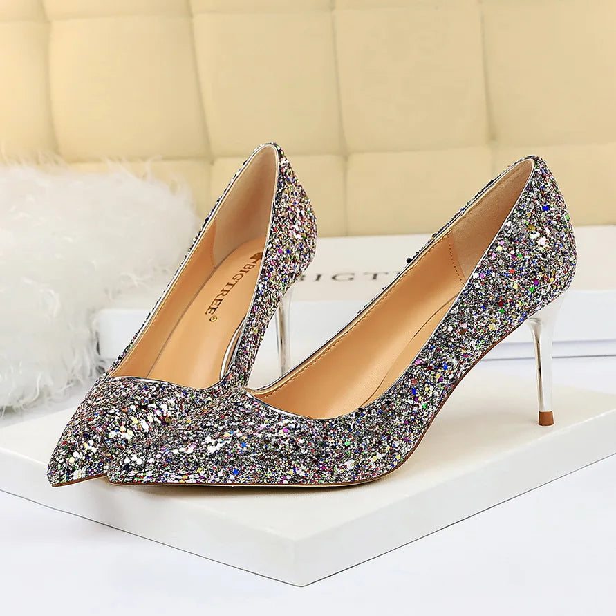 Manufacturer   Women 7cm 9.5cm High Heels Pumps Wedding Bridal Scarpins Sparkly Mid Heels Lady Party Sequins Glitter Evening Gold Silver Shoes   Pumps
