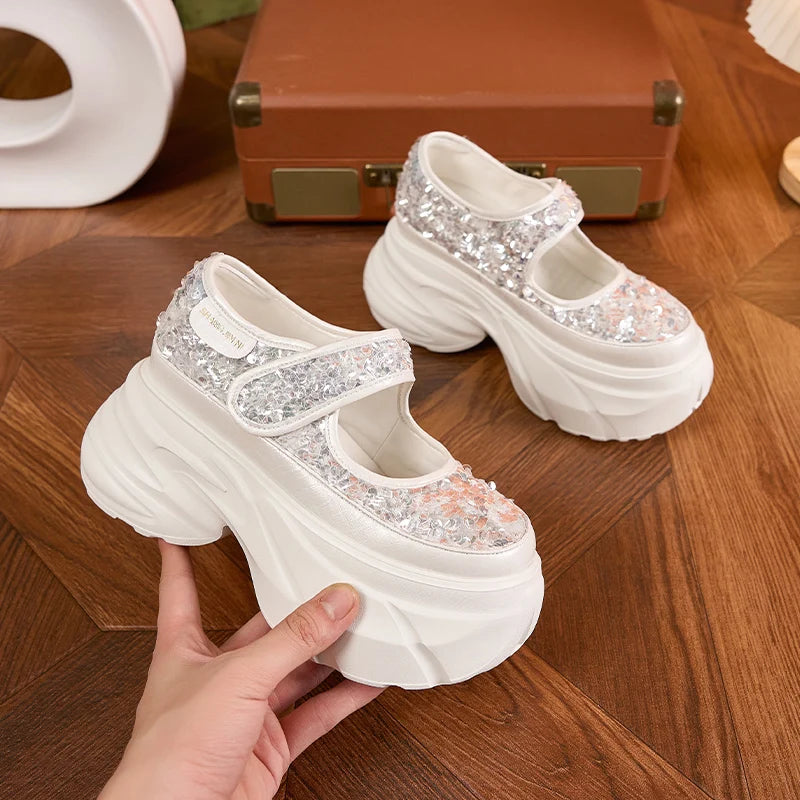 Manufacturer   AUTUSPIN Summer Shiny Shallow Shoes Women Sequined Cloth Pumps High Heels Ladies Bling Bling Platform Mary Janes Shoes Woman   Pumps