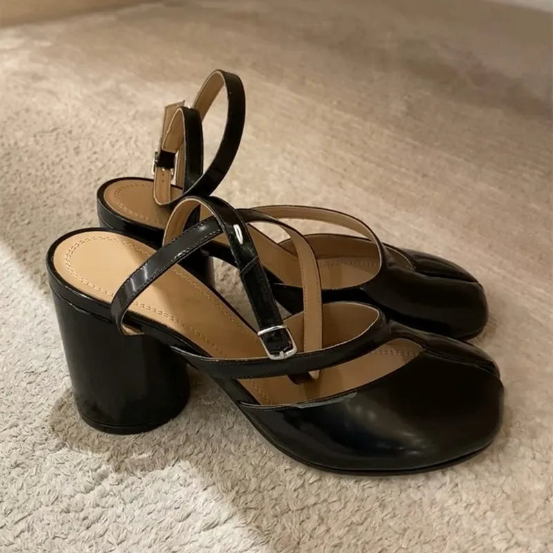 Manufacturer   Ins style Fashion Patent Leather Split Toe Women Pumps Spring Summer Thick High heels Slingbacks Female Tabi Chunky Casual Shoes   Pumps