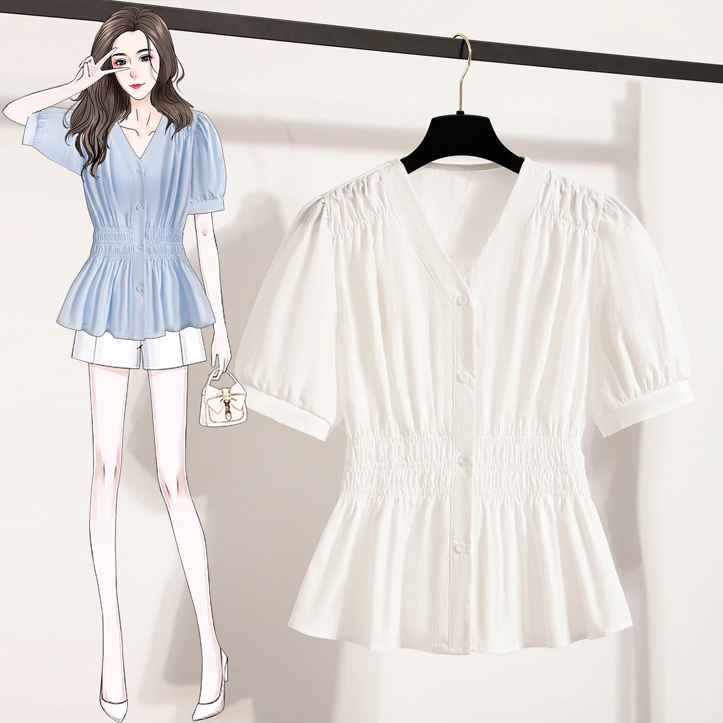 Plus Size Chiffon Blouse Women Summer New Fashionable V Neck Short Sleeve Big Size Women Tops Elastic Waist Shirts Blouses  dress