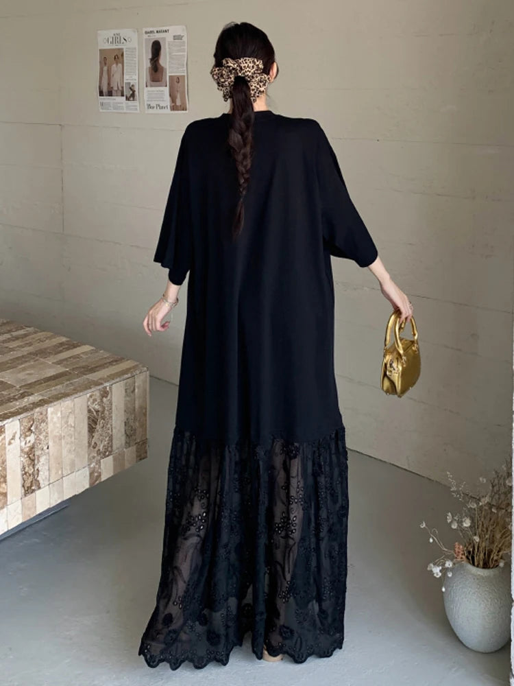 NYFS Korean Style Women's Summer Loose plus Size Patchwork Embroidery hollow lace Hem Short Sleeve Long Dress Robe Elbise