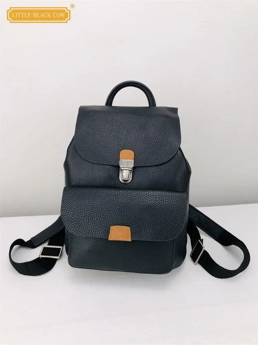 Vintage Genuine Leather Backpack Women Daily Leisure Bag Harajuku Solid Color Black Cowhide School Backpacks Female Travel Bags