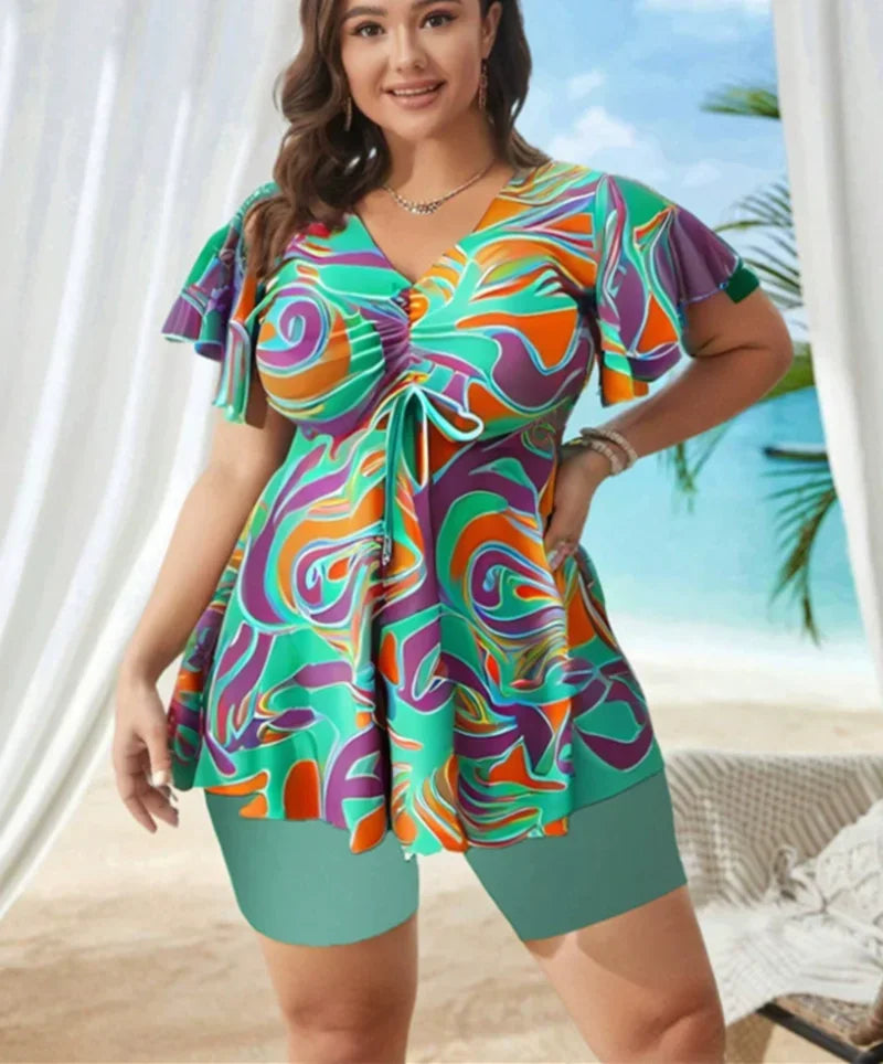 Women's Plus Size Tankini Swimsuits Two Piece Bathing Suits Printed Short Sleeve Swim Tops And High Waist Shorts Swimwear