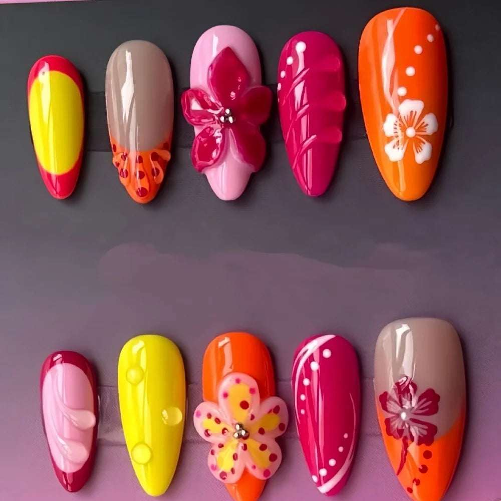 Tropic Affair 3D Flower Nails 10Pcs Handmade Manicure Medium Almond Fake Nails Press On Nails Design With Adhesive Nail File Set