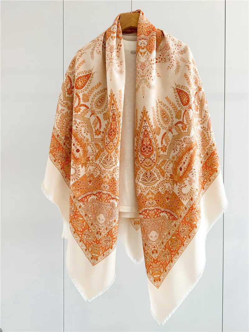 Double Sided Tassels Scarf Luxury Women Warm Silk Wool Shawl 140cm Pashmina Vintage Foulard Head Bag Wrap Stole Christmas Gift