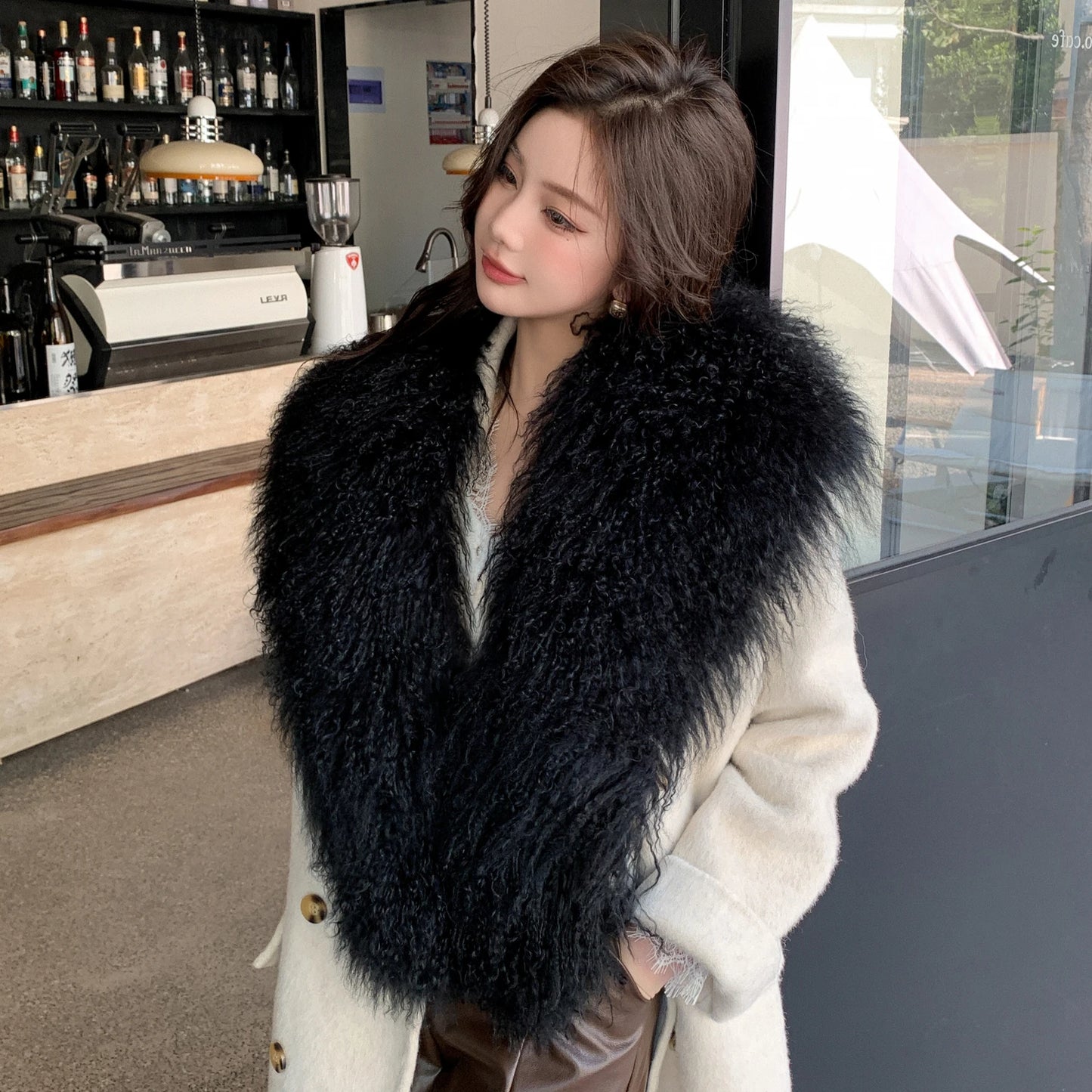 Real Mongolian Sheep Fur Shawl Real Fur Scarf Laarge Fluffy Thick Winter Scarves Woman Fashion Coat Collar Overcoat Accessories
