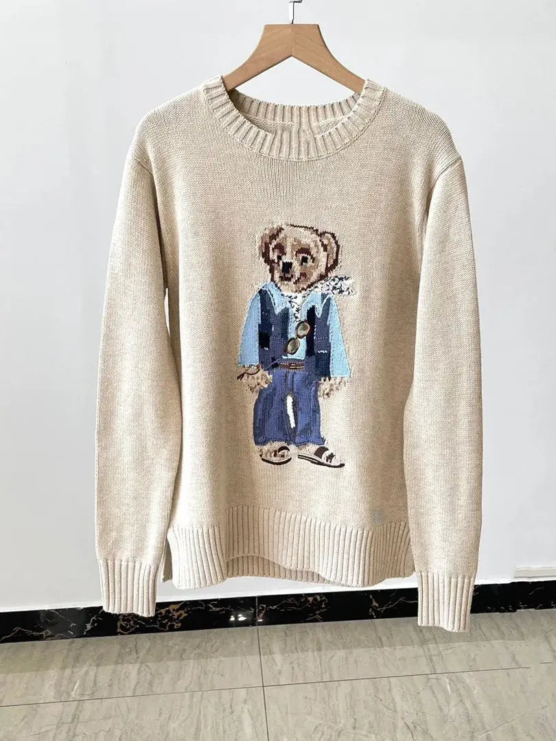 New classic denim jacket, sunglasses, teddy bear embroidery, pure cotton loose and versatile knitted women's pullover sweater