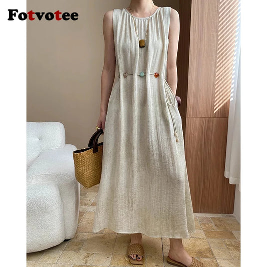 FOTVOTEE Elegant Simple Long Dresses for Women Vintage Bead Lace Up Sleeveless Dress Vacation Casual Temperament Ladies Vestidos