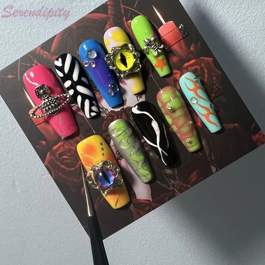 10Pcs  Color Hand Drawn Gothic Style Handmade Press On Nails False Nail Full Cover Metallic 3D Design Manicure Wearable Nail