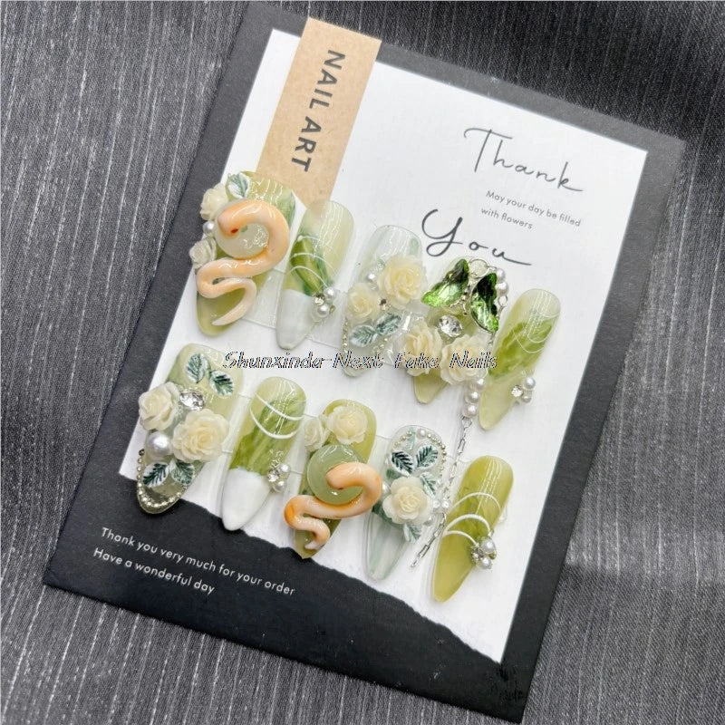 10pcs Handmade Fake Nails Green Nails Small Snake Retro Nails  Snake Year Press on Nails for Women Daily Wear