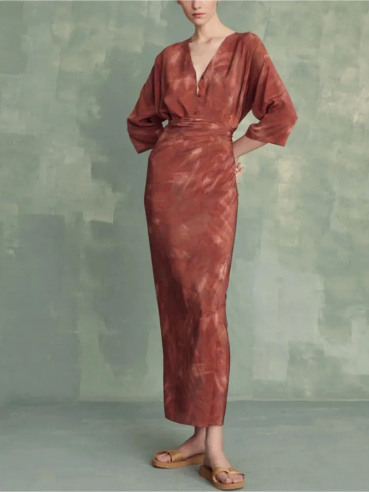 Women's Retro Slim Dress Tie Dye Printed V-Neck Single-Breasted Button Hip Tie Long Dress Ankle-Length Robe