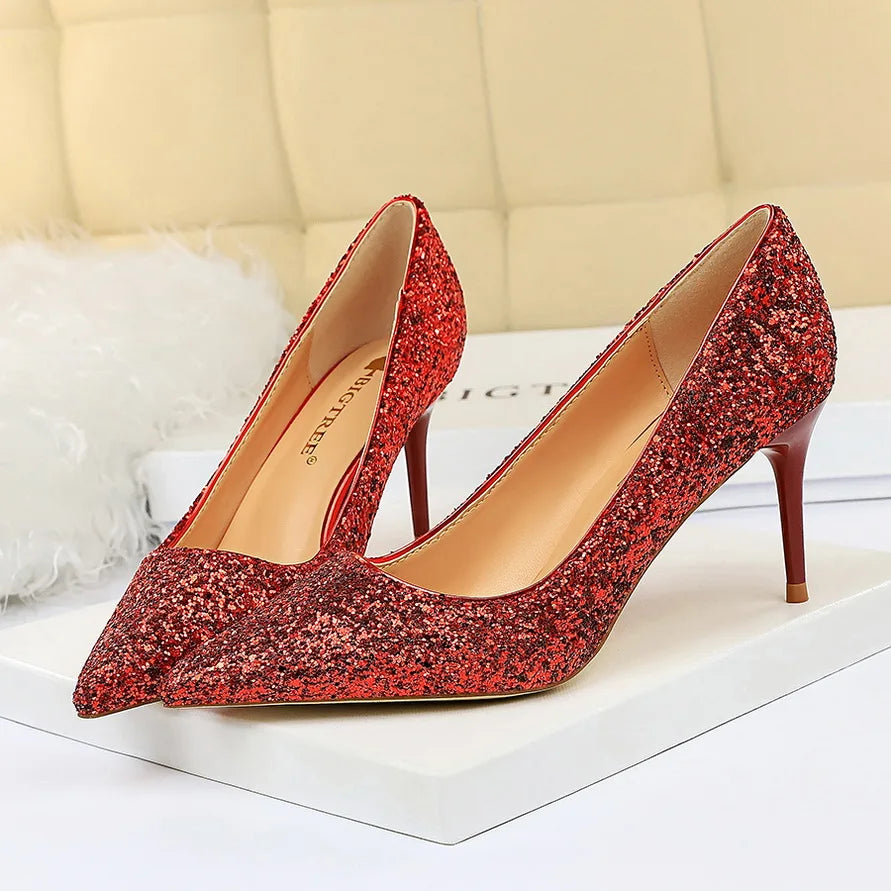 Manufacturer   Women 7cm 9.5cm High Heels Pumps Wedding Bridal Scarpins Sparkly Mid Heels Lady Party Sequins Glitter Evening Gold Silver Shoes   Pumps