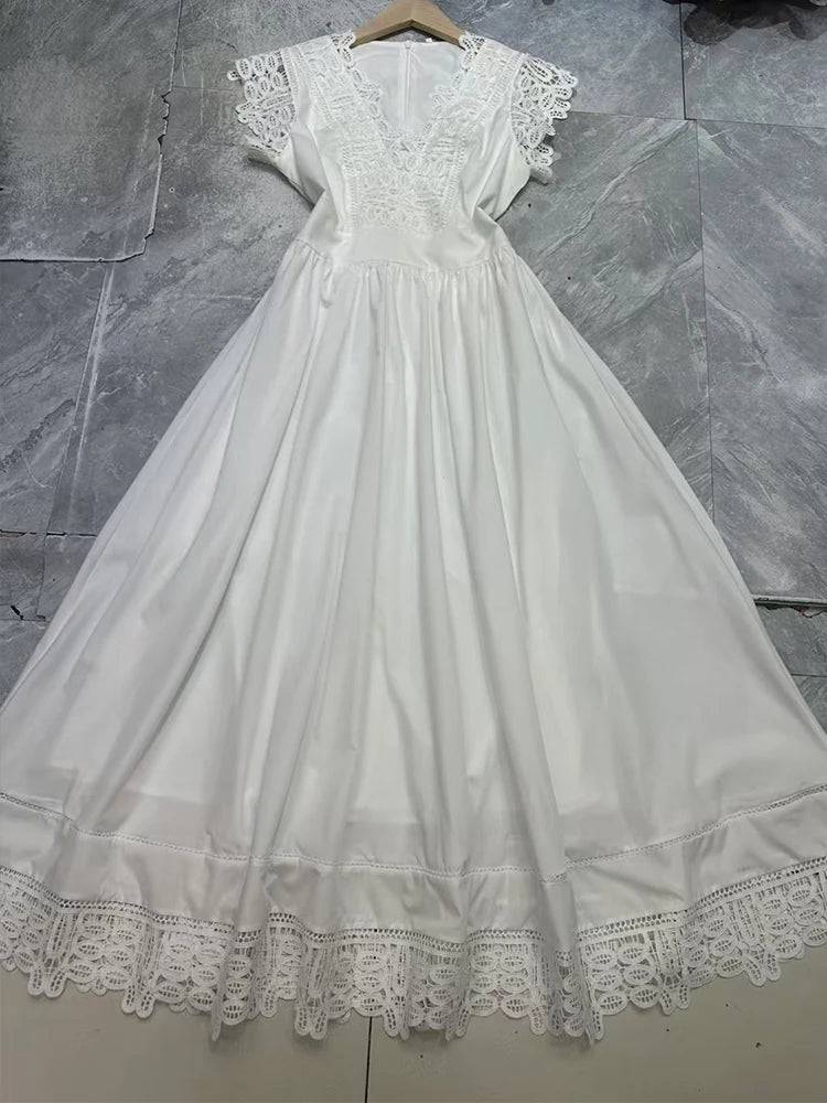 Fashion stitching lace openwork lace skirt slim waist dress solid color  summer women's new temperament long A-line skirt