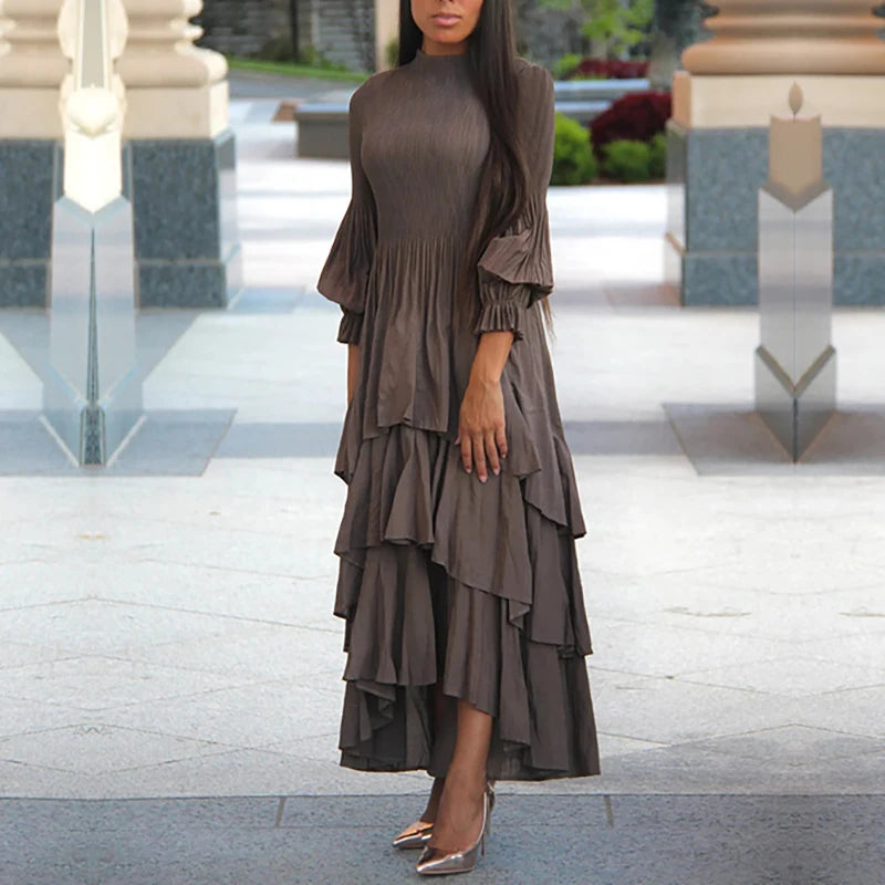 Miyake Folds  Summer New Lantern Sleeve Dress Solid Color Lotus Edge Long Skirt