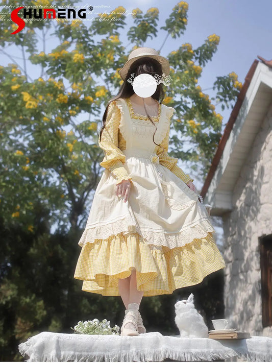 French Elegant Retro Pastoral Sweet Lolita Ruffles Square Neck Bow Long Sleeve High Waist A-line Plaid Long Dress Women Spring