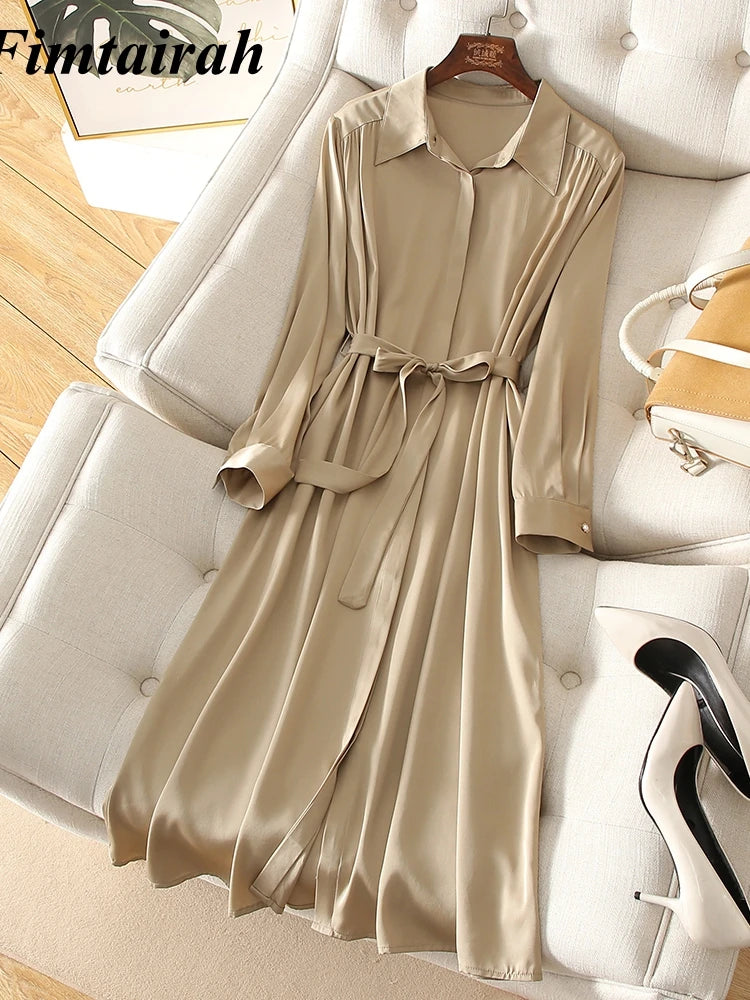 Fimtairah 6A Real Pure  silk dress Women Spring Dress sleeved    long skirt    new mulberry silk  Tops  A -line Lady Dress