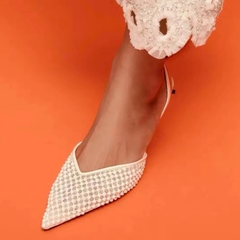 Manufacturer   Mesh Brand Sandals Women Pumps Pointed Toe Elegant Slingback High Heels Female String Bead Designer Banquet Wedding Dress Shoes   Pumps